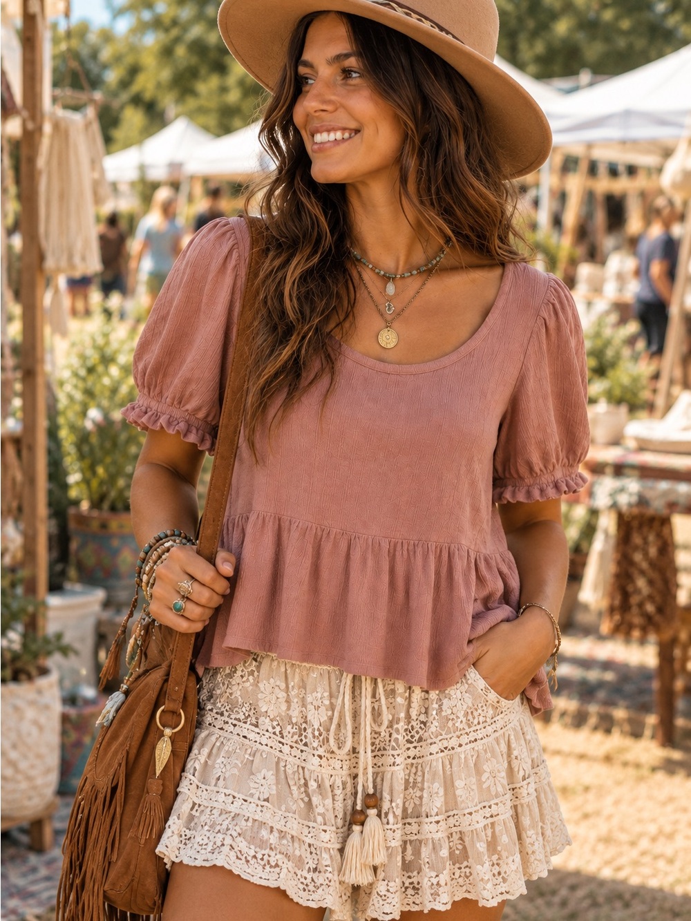 American Eagle Viscose Boho Mauve Puff-Sleeve Peplum Blouse W/Tie Back Size XS
